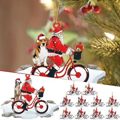 Santa Riding A Bicycle with A Dog Ornament Cute Acrylic Santa Claus Christmas Tree Ornament for Holiday Party Decoration