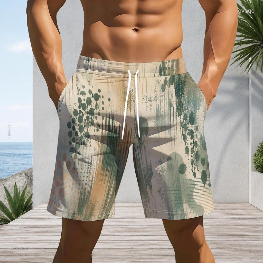 Men Plus Size Printed Beach Shorts Drawstring Waist Side Pockets Straight Leg