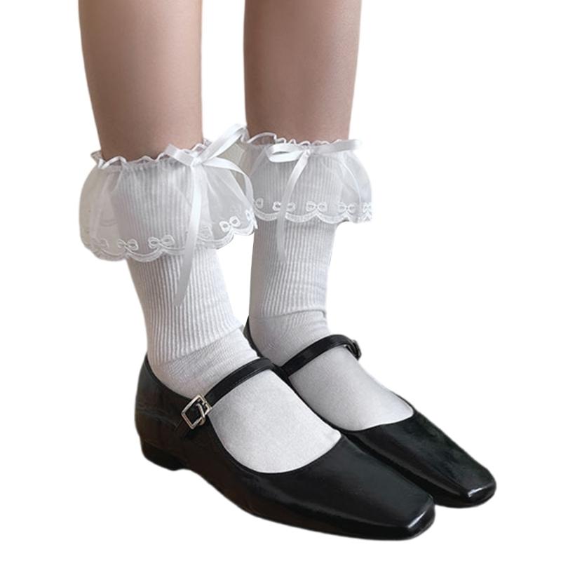 1 Pair Sheer Ruffle Mesh Splicing Ankle Socks with Bowknot Accent for Women Girls Fashionable Students Middle Tube Socks