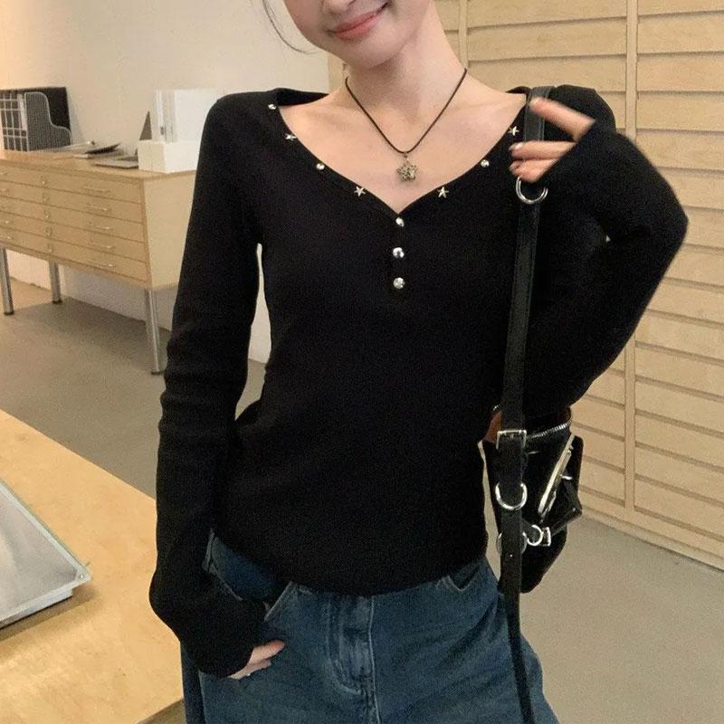 Women s Black V-Neck Star Rivet Decorated Long Sleeve Slim Knit Top S чёрный