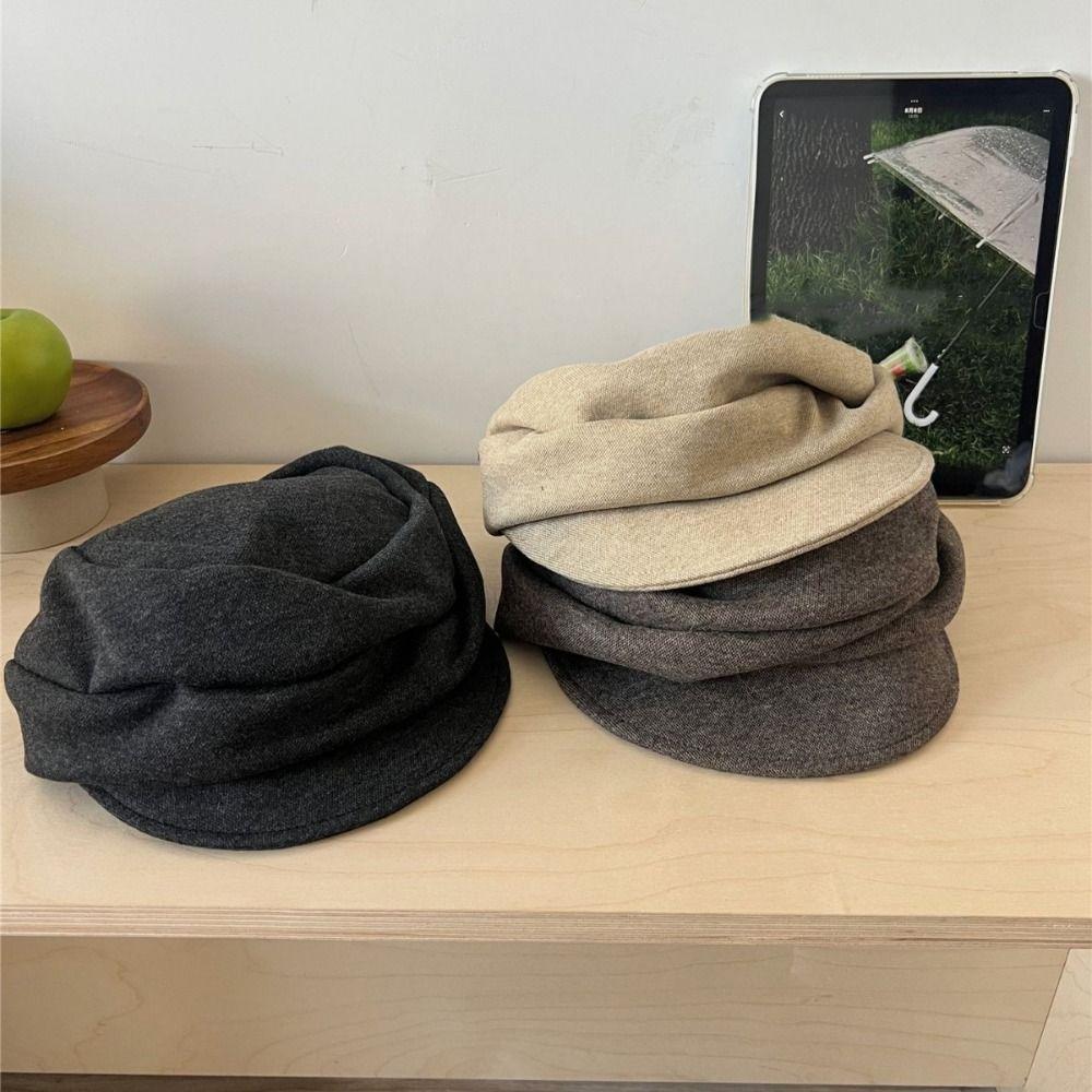 Brown Pleated Octagonal Hat Black Eequestrian Hat Personality Wool Beret  Autumn