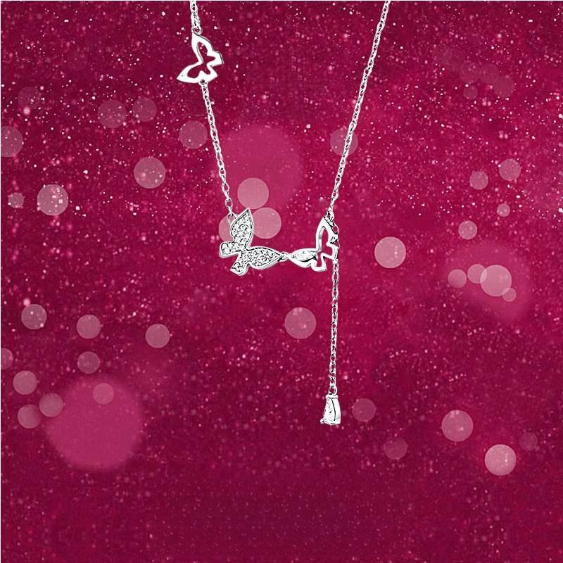 Korean Style Fashion Collarbone Chain Inlaid with Flash Diamond Double Butterfly Tassel Necklace for Women Versatile Design Accessories