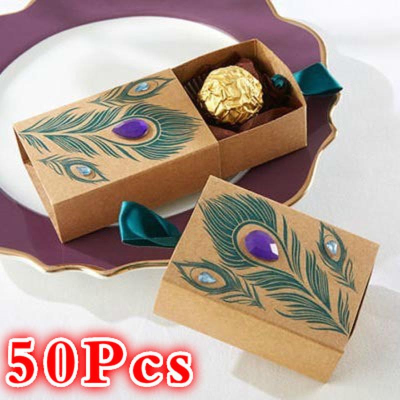 50X Peacock Feather Boxes Drawer Design Wedding Favors Kraft Paper Gift Boxes H 50X Peacock Feather Boxes Drawer Design Wedding Favors Kraft Paper Gift Boxes H