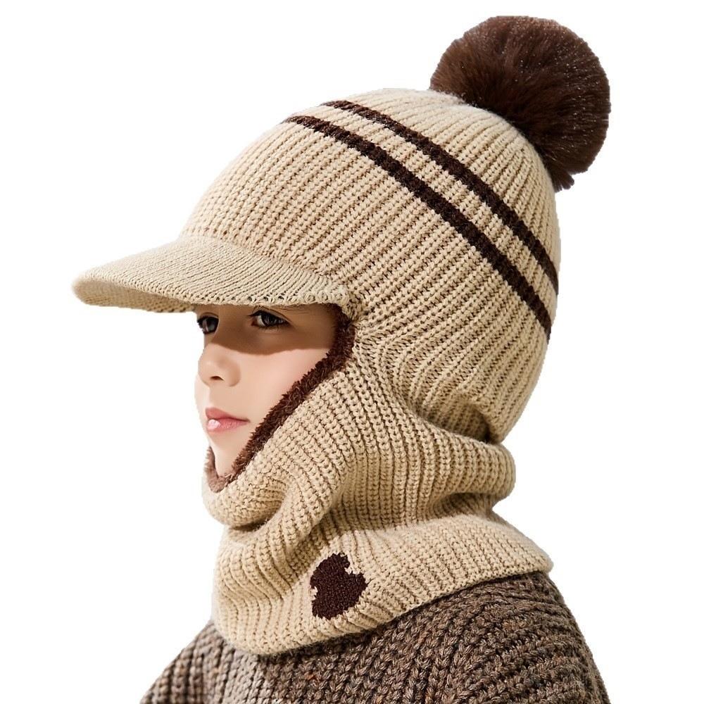 Pom Pom Detail Knitted Hat Scarf Set Ear Protection Design Integrated Balaclava Hat Outdoor Play