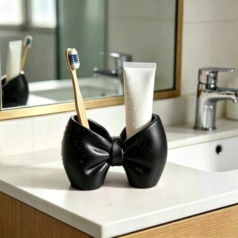 Cute Bow Shaped Cosmetic Brush Organizer Multifunctional Desktop Holder for Vanity Desk Office Stationery Storage
