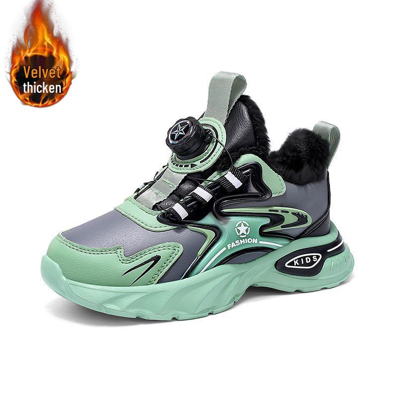2025 Winter Boys' Leather Sports Shoes - Velvet Lined, Big Cotton, Student Running Shoes