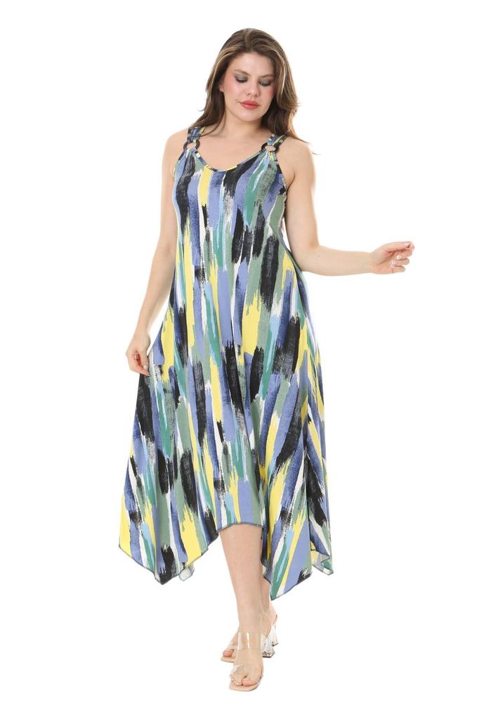 Damen Große Größe Kleid Blau Ölmalerei Muster Schnalle Detailliertes Trägerkleid