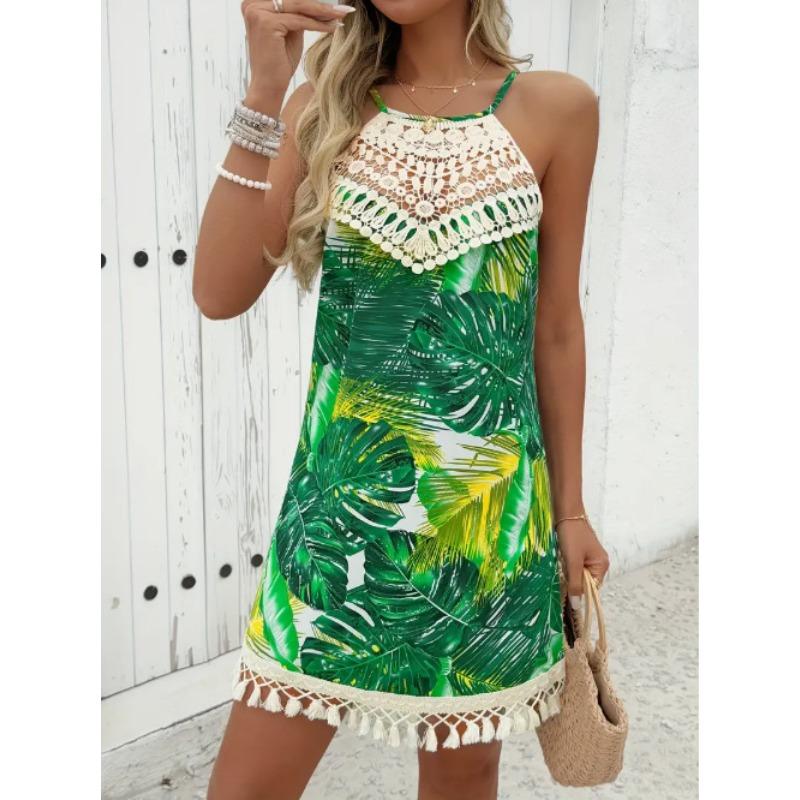 Women's Dress Embroidered Splicing Fashion Printed Off Shoulder Ethnic Beach Vest Mini Skirt