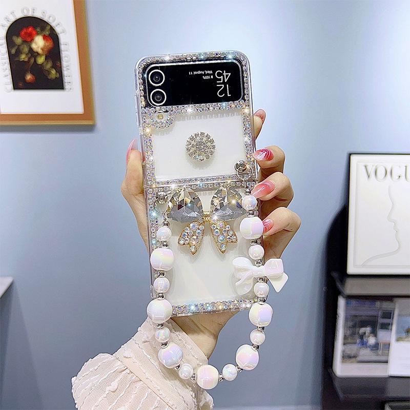 For Samsung Zflip6 Mobile Phone Case Clamshell Folding Screen Transparent Rhinestone Butterfly Ins Light Luxury Beads Portable