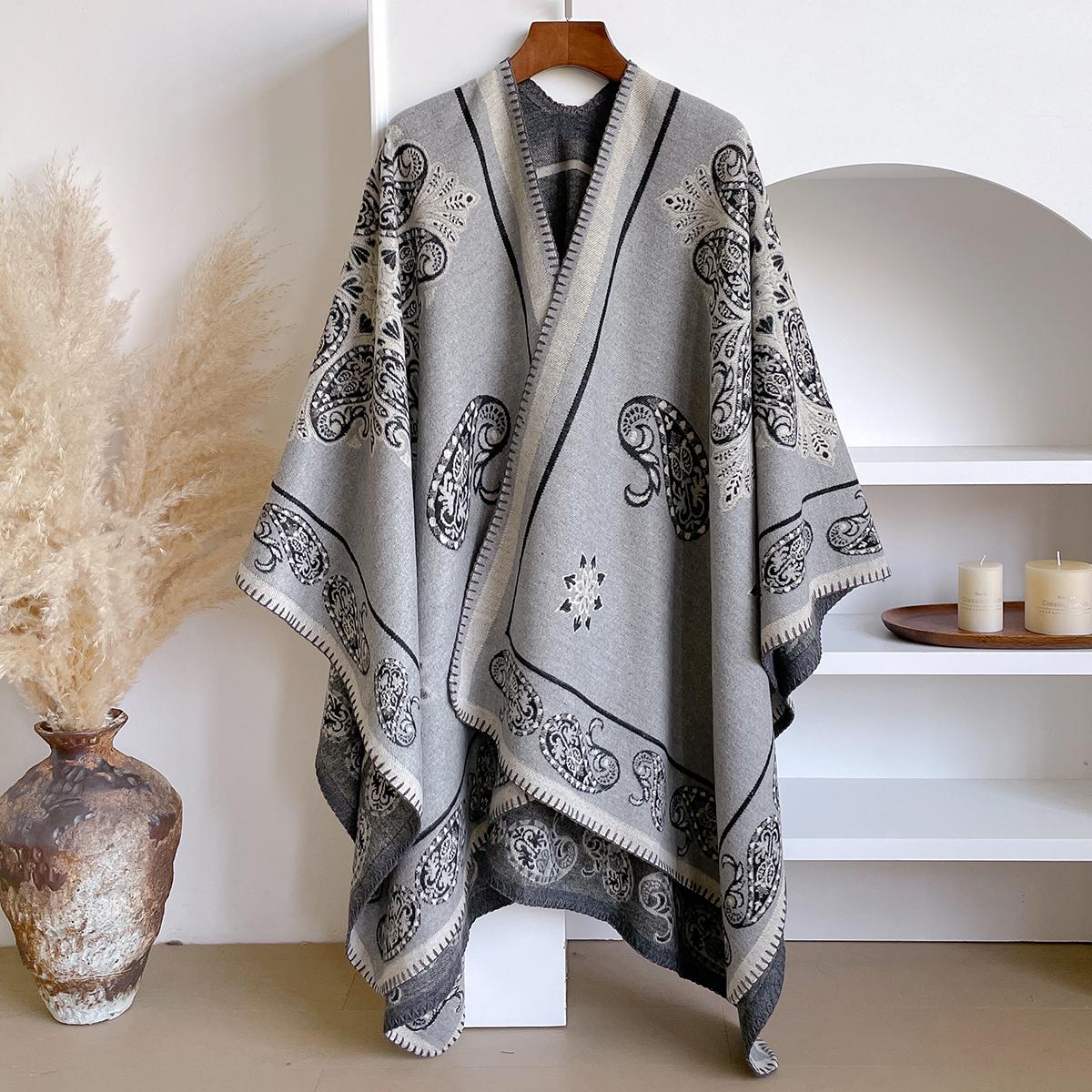 

Модный зимний кашемировый шарф-палантин для женщин - С цветочным принтом в стиле масляной живописи, с ощущением кашемира, толстый шарф и пончо