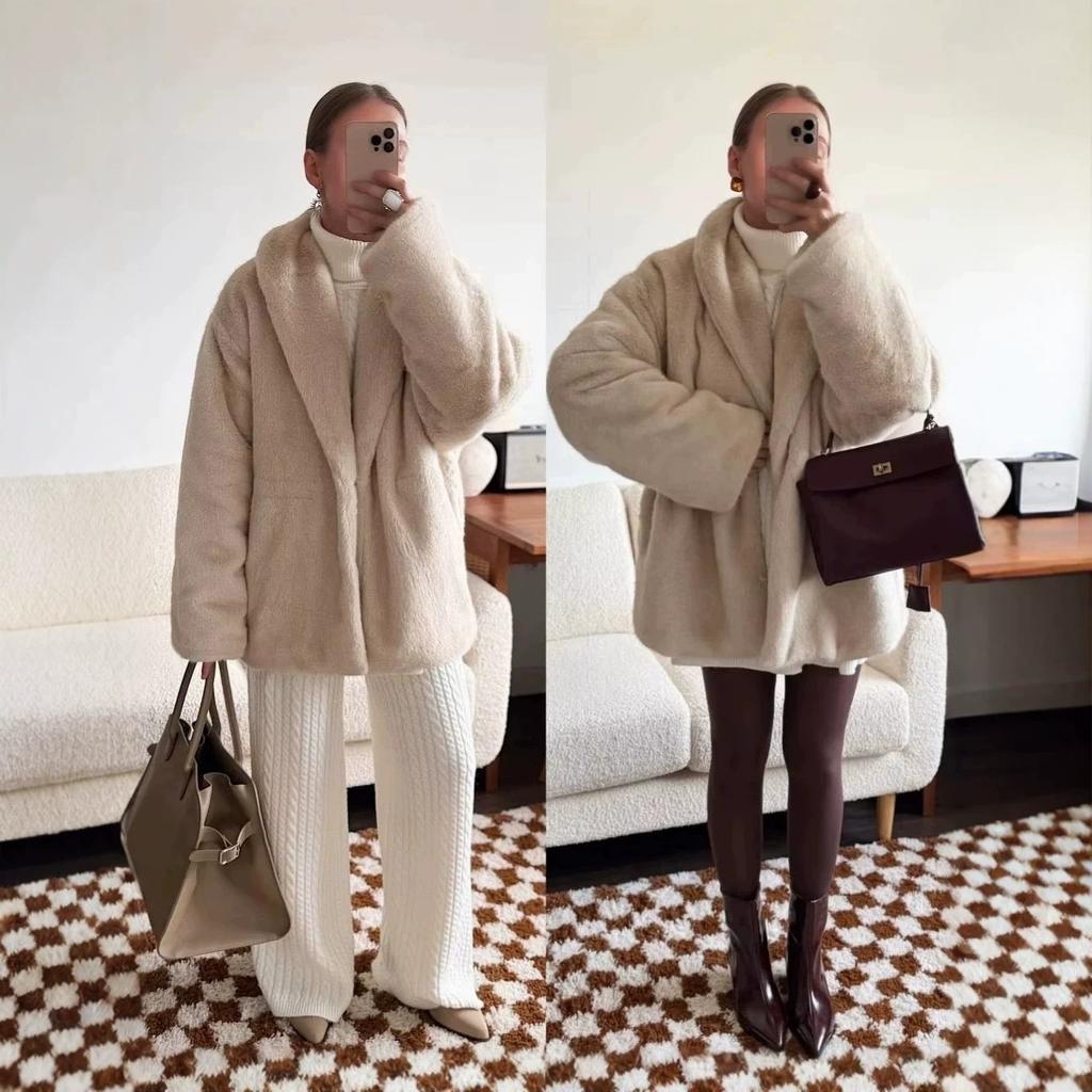 Autumn and winter thickened high-quality mink hair jacket waist slim green fruit collar imitation fur coat warm fur top women