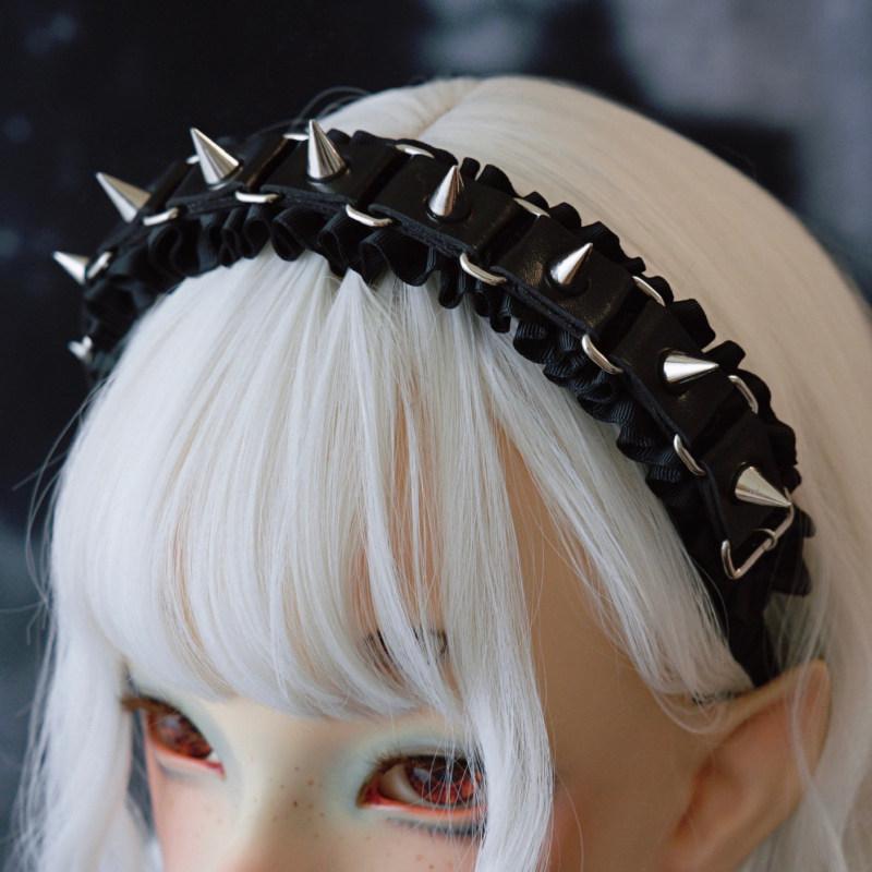Subculture Dark Black Hair Accessories for Women Original Handmade Rivet Leather Buckle Pleated Headband Punk Headband