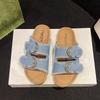 Aphixta Retro Blue Denim Slippers Women Summer Round Toe Shoes Outdoor Flat Heel Slides Metal Buckle Flip Flop