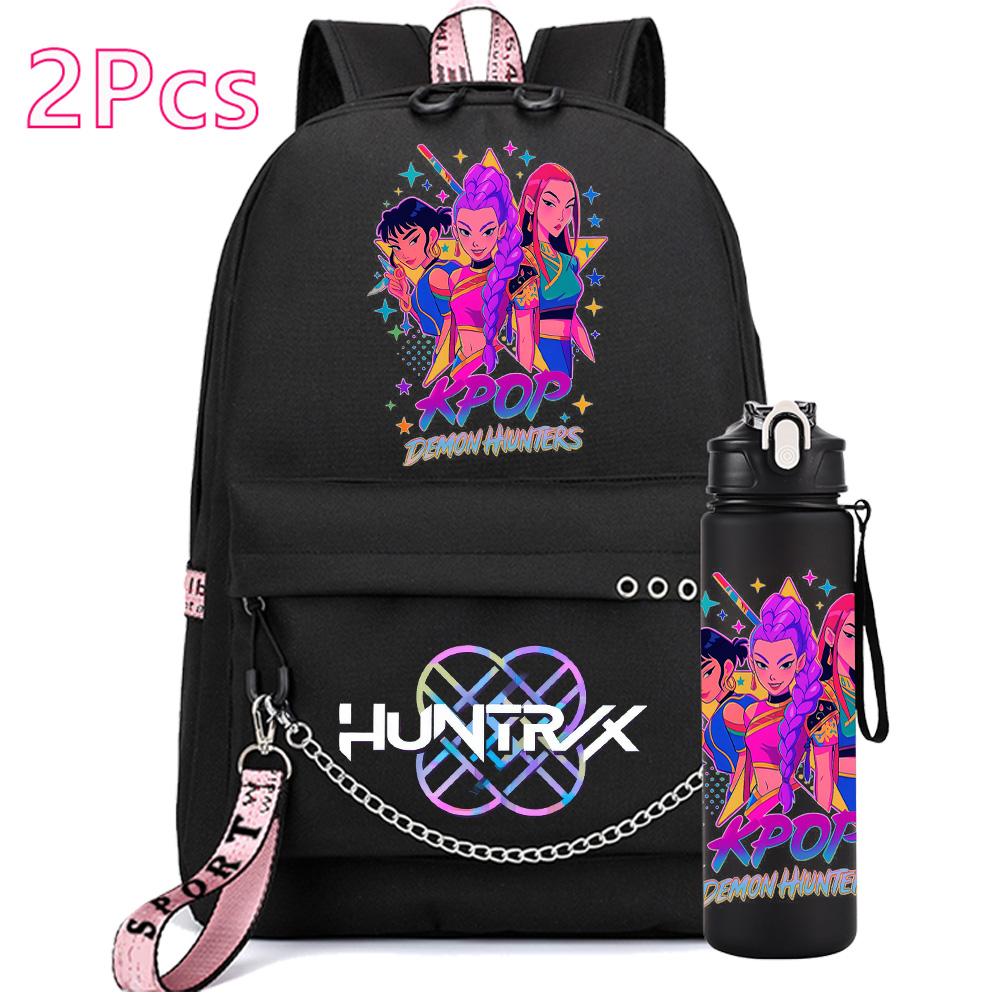 2Pcs/set Anime Cute Kpop Printed Backpack with 750Ml Water Bottler for Teenager Girl Boy Bookbag Kid Gift Large Capacity Waterproof Travel Bag