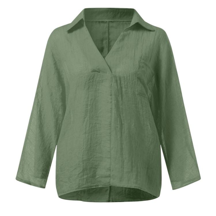 Fashion Women Long Sleeve Pullover Top V Neck Casual Cotton Linen