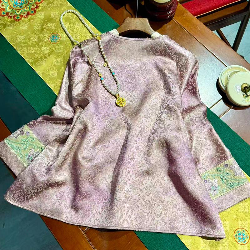 2026 Spring Women's Retro Golden Thread Jaquard Long Sleeve Top - Chinese Style Round Neck Shirt