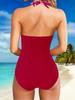 European & American Black Halterneck One-Piece Swimsuit - Pleated Waist Slimming Design