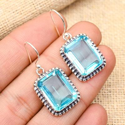 Brincos de prata esterlina 925 sólida feitos à mão com pedra preciosa de topázio azul para presente de casamento