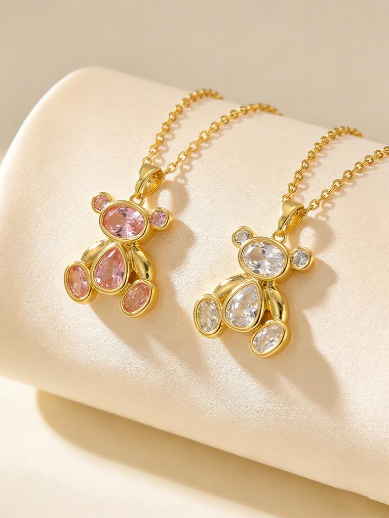 Delicate Cute Pink Zircon Bear Pendant Necklace for Women Girl, Stylish Animal Necklace, Exquisite Luxury Jewelry Accessories