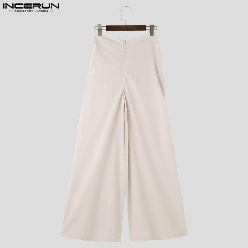 INCERUN Men Zipper Waist Long Pants Casual Twisted Wide Leg Trousers