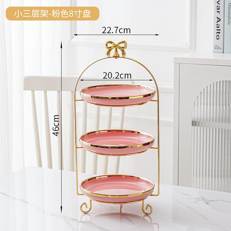 Golden Edged Double-layer Ceramic Tray, Cake Rack, Snack, Fruit Tray, Afternoon Tea Dessert Display Stand, Metal Bow Bracket
