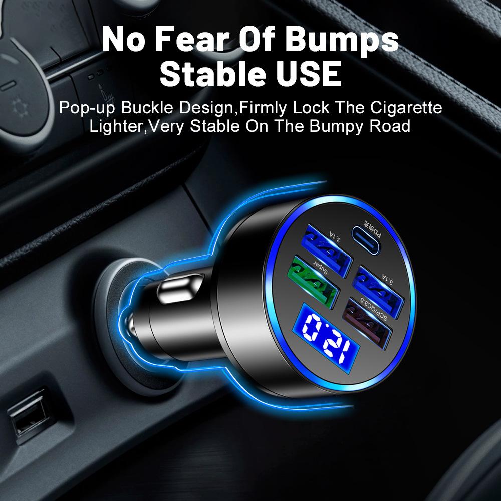 PD QC30 Car Charger 5 Ports Fast Charge USB C 250W LED Phone Charger Type C Adapter for Iphone Samsung Huawei Xiaomi