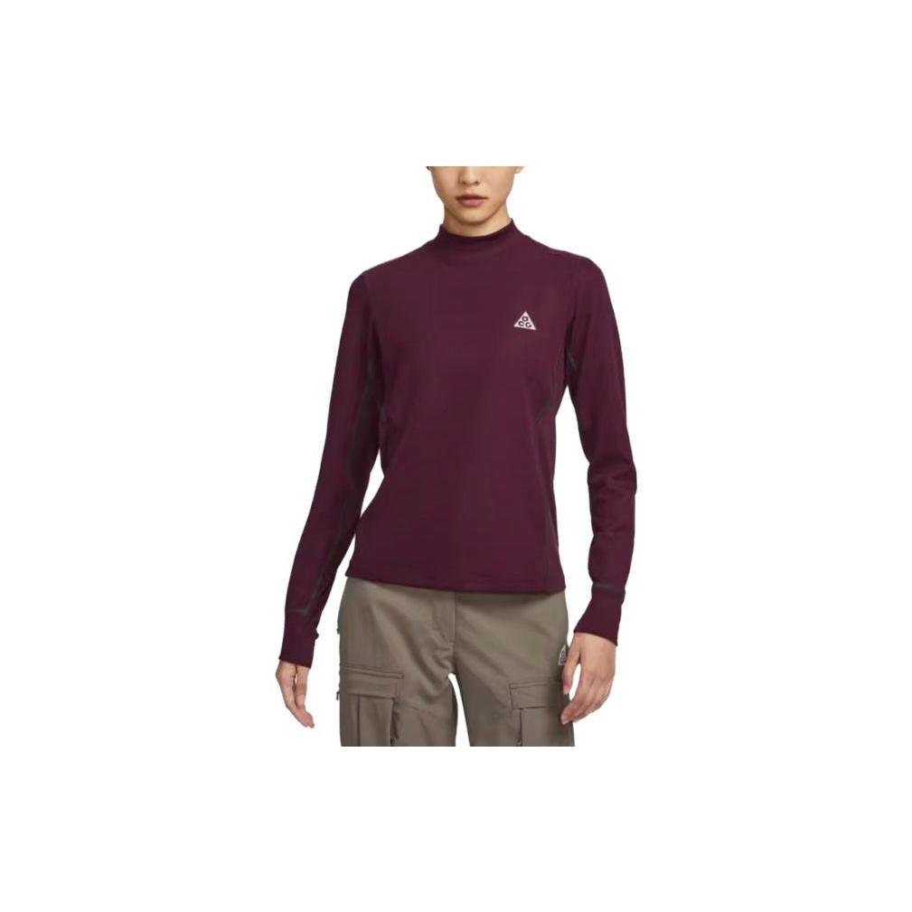 Nike Solid Color Stand Collar Quick Dry Casual Long Sleeve Regular T-Shirt Women Tops Dark-Brown-Red FB8005-681