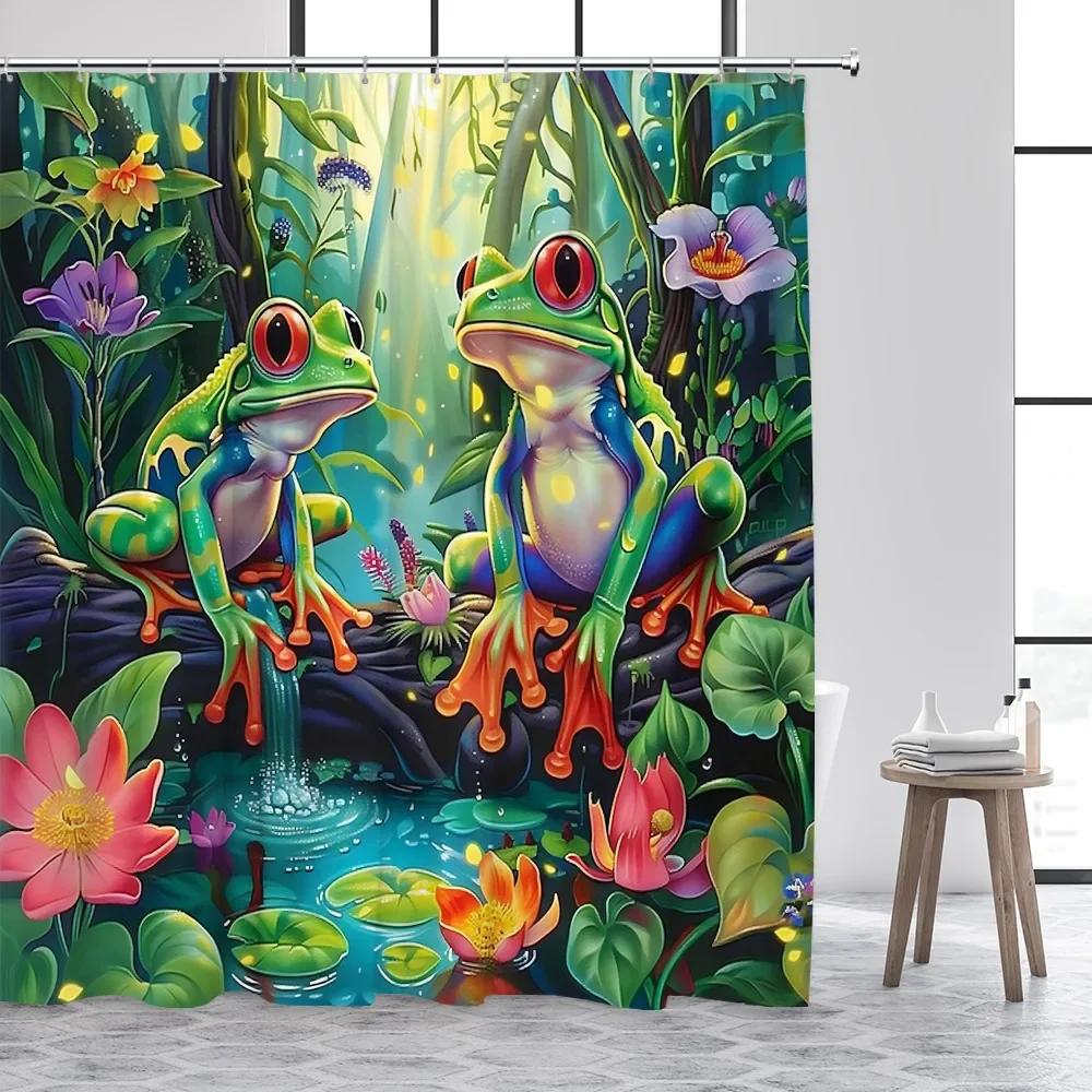 

Forest Frog Shower Curtains Funny Animals Jungle Floral Green Plants Rustic Scenery Bath Curtain Polyester Fabric Bathroom Decor W60H190(CM)-1 Pcs
