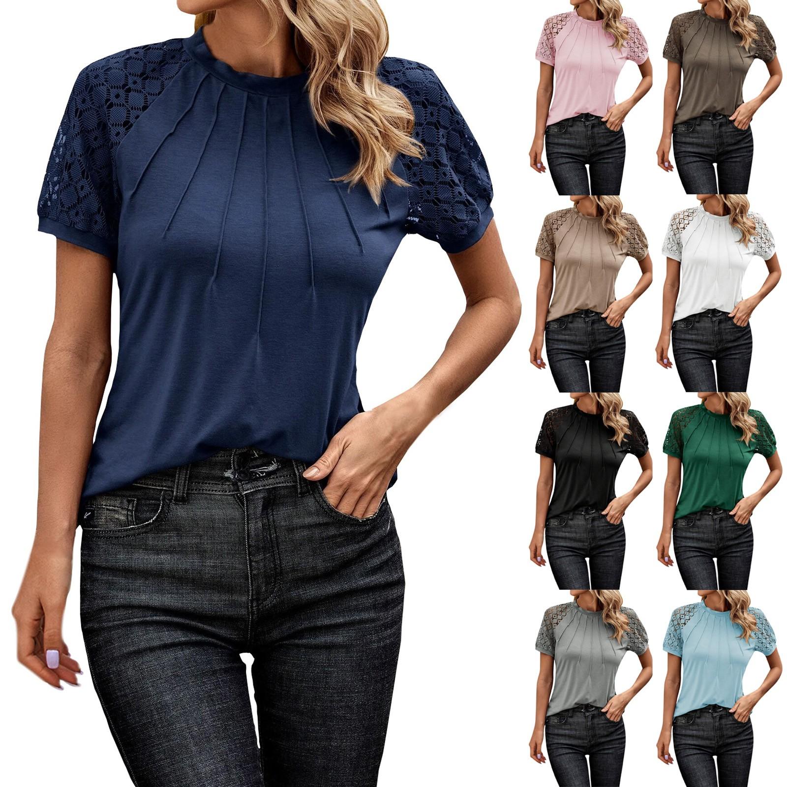 

Женская мода, повседневная однотонная кружевная лоскутная футболка с короткими рукавами, топ