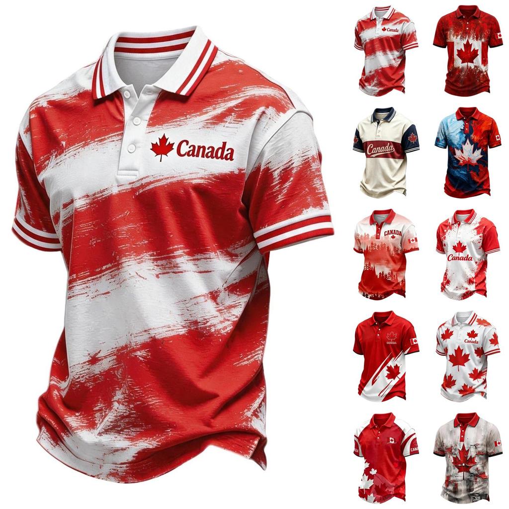 Men's Soccer Fan Polo Shirt Mesh Breathable Short Sleeve Collared Top with Canadian Themed Graphic Print Suitable for Sports and Casual Wear