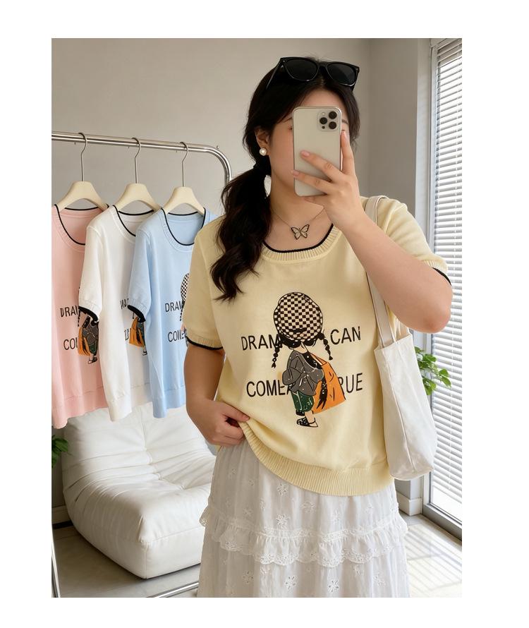 2026 Plus Size Women's Ice Silk Knit Print T-Shirt - Spring/Summer Collection, Loose Fit, Slimming, Short Sleeve