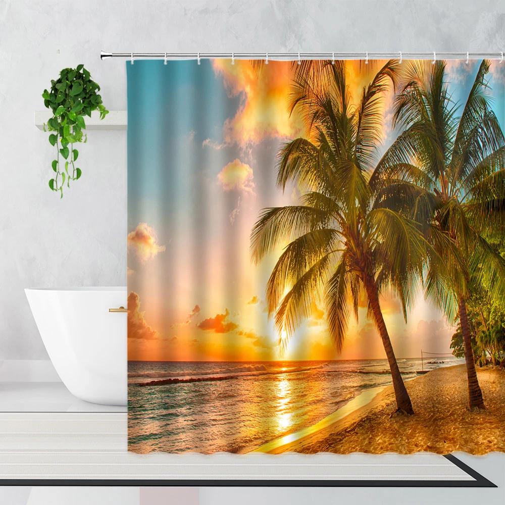 Palm Trees Beach Shower Curtains Sea Waves Island Vacation Hawaii Nature Scenery Summer Fabric Bathroom Decor Bath Curtain Hooks