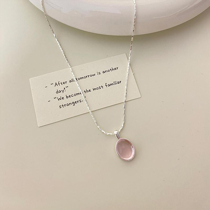 

925 Sterling Silver Pink Crystal Moonstone Necklace For Women Fashionable And Simple Oval Pendant Collarbone Chain Party Jewelry 45cm
