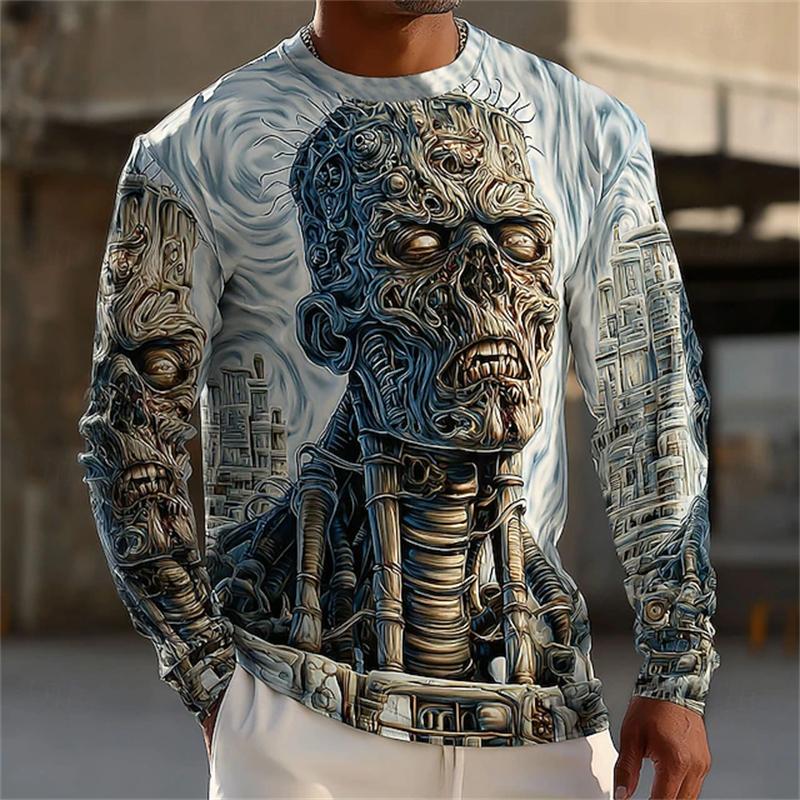 Monster Print Casual Men's Long-sleeved T-shirt Outdoor Vacation Round-neck Long-sleeved Spring and Autumn Clothing