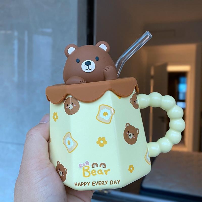 Rabbit Straw Mug Girl Heart Cup Cute Cartoon High Value Children's Water Cup Household Ceramic Cup with Lid