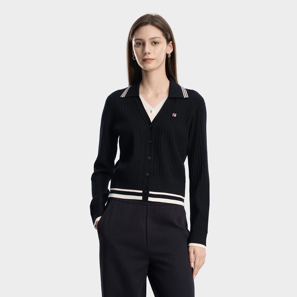 FILA Heritage Classic Fashion Simple Retro Casual Trendy Comfortable Versatile Fake Two-Piece Woven Cardigan Long Sleeve Knitted Sweater F11W618401FNV