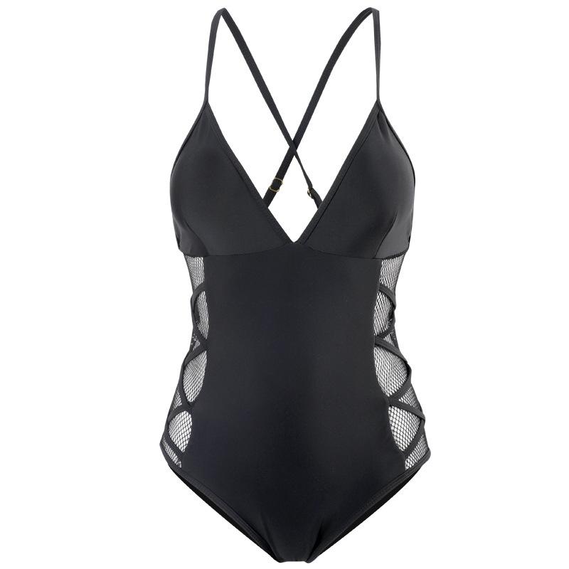 European and American style super sexy mesh strap hollow waist one-piece bikini swimsuit women's summer deep V-neck hot spring swimming