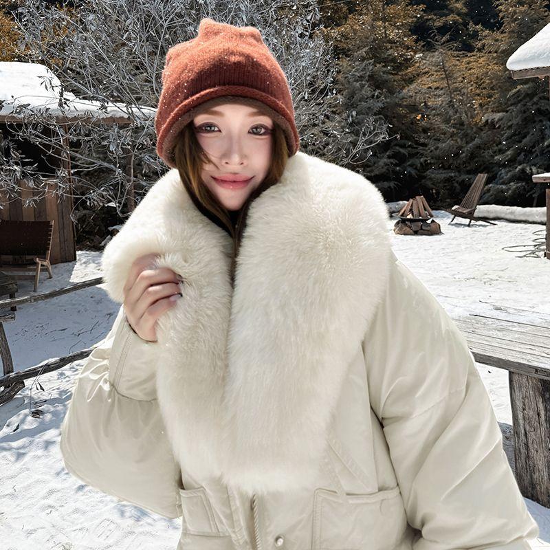 Chic Winter Women Jacket Korean Style Faux Fur Collar Slim Fit Warm Padded Coat Fashionable Outwear