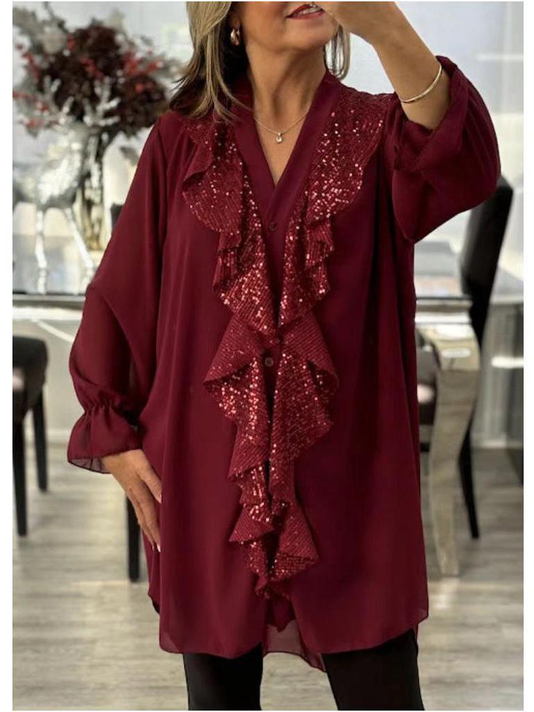 2024 V-neck Chiffon Long Sleeve Mid-length Shirt with Sequin Patchwork for Women