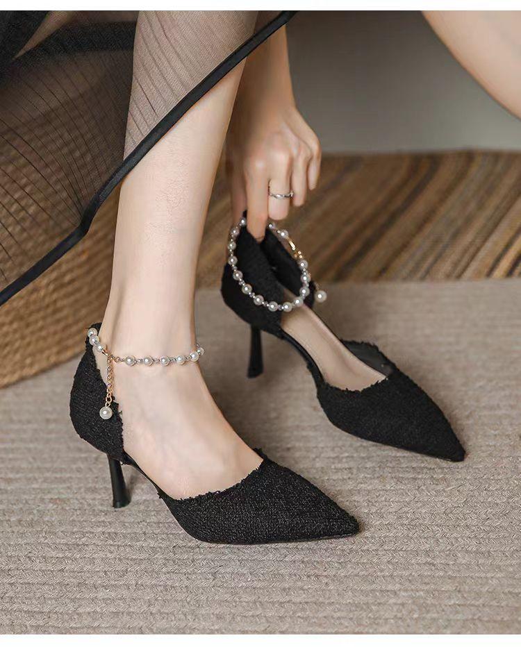 Fashion Womens Pumps Xiaoxiang Style Wedding Luxury Brand Design String Bead Pearls High Heels Lady Sexy Elegant Pointed Toe Pearl Shoes