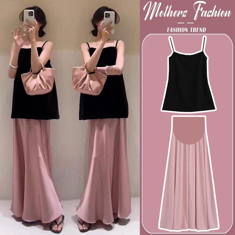 2026 Summer Maternity Two-Piece: Black Camisole Top & Pink Support Skirt M