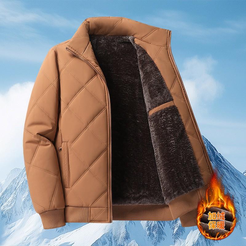 2026 Mens Fleece Lined Padded Jacket Stand Collar Loose Fit Winter Warm Coat Middle-aged