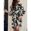 Women's Floral Print Long Sleeve Mini Dress Mock Neck Tie Waist Pleated A-Line Casual Dress for Daily Office Party