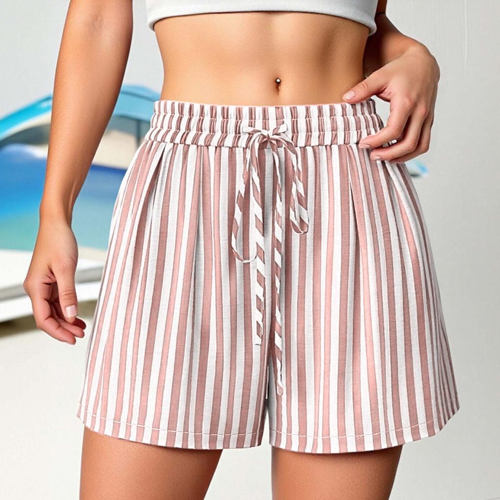 Women's Casual Fashion Striped Beach Vacation Drawstring Shorts with Pockets Lightweight Comfortable Summer Loose Fit