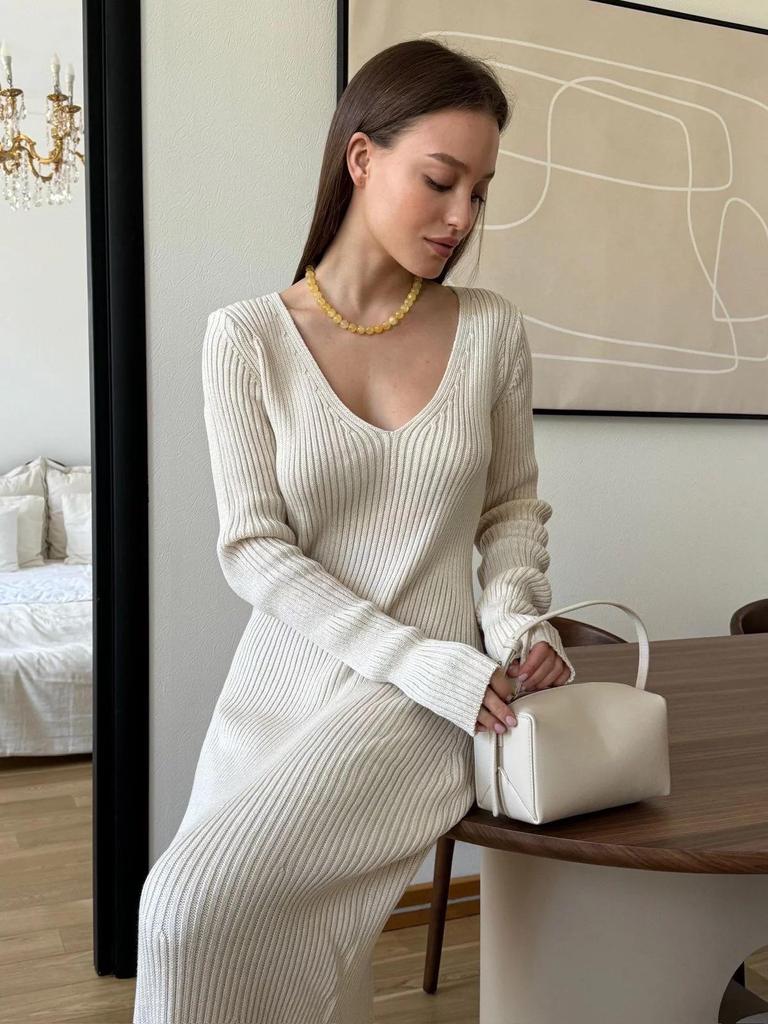 Long-sleeve V-neck Knitted Sweater Dress - 2024 Autumn/Winter European & American Style