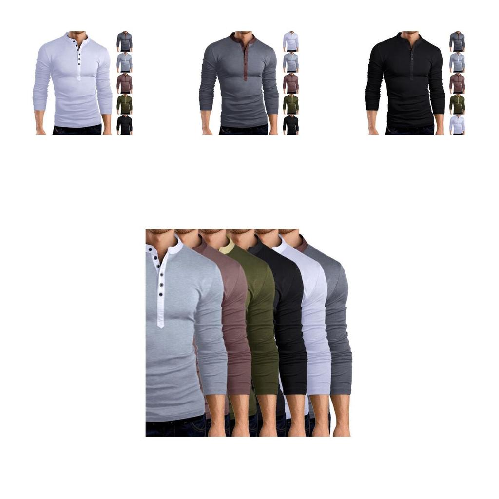 Premium Quality T-shirt Men Fashion Button Front Long Sleeve V-neck Solid Casual Slim Fit