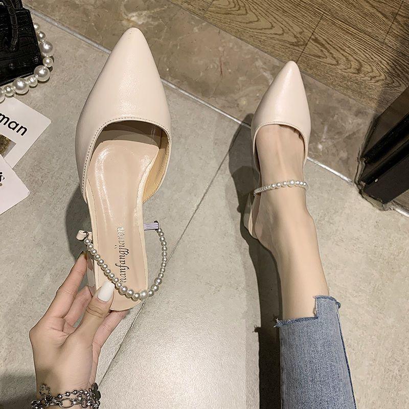 Temperament niche design sense Baotou half slippers women's thin heels wear lazy sandals can not fall off with pearl Baotou sandals