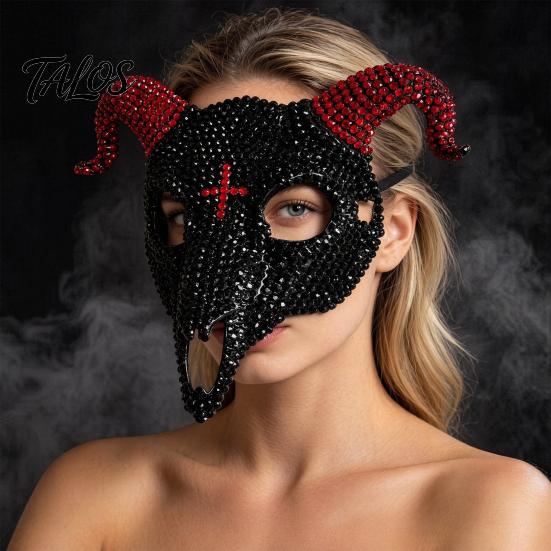 Light Luxury Skull Mask Halloween Rhinestone Full Face Mask, Black White Ram Horn Masquerade Sparkly Crystal Glitter Party for Adults Unique Costume