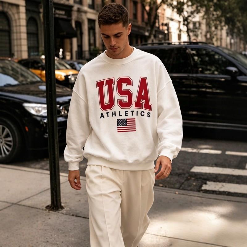 Vintage USA Letter Embroidered Crewneck Sweatshirt Unisex Loose Fit Streetwear Top