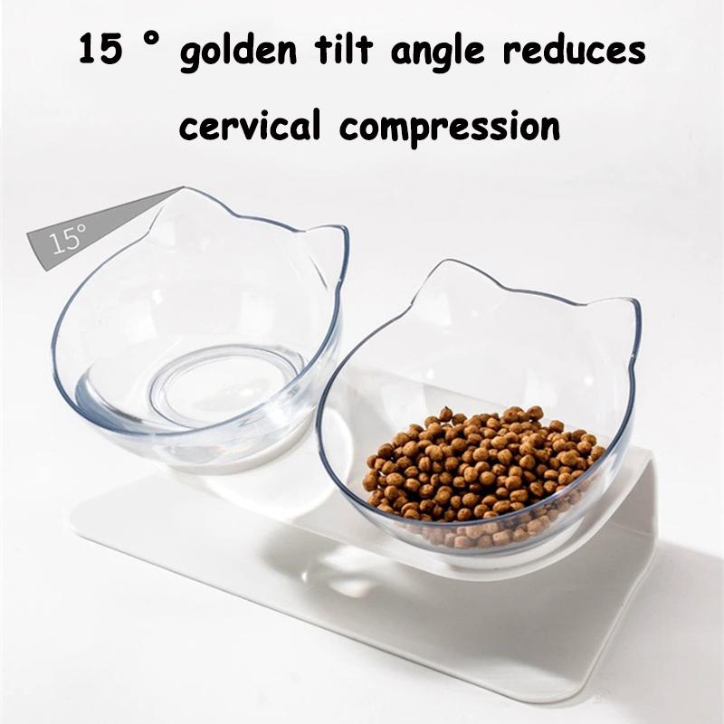 Double Cat Feeding Bowl PC Plastic Cat Shape 2 Cat Feeder Container 15 Degree Tilted Pet Inclination Stand Cats Feeding Bowl
